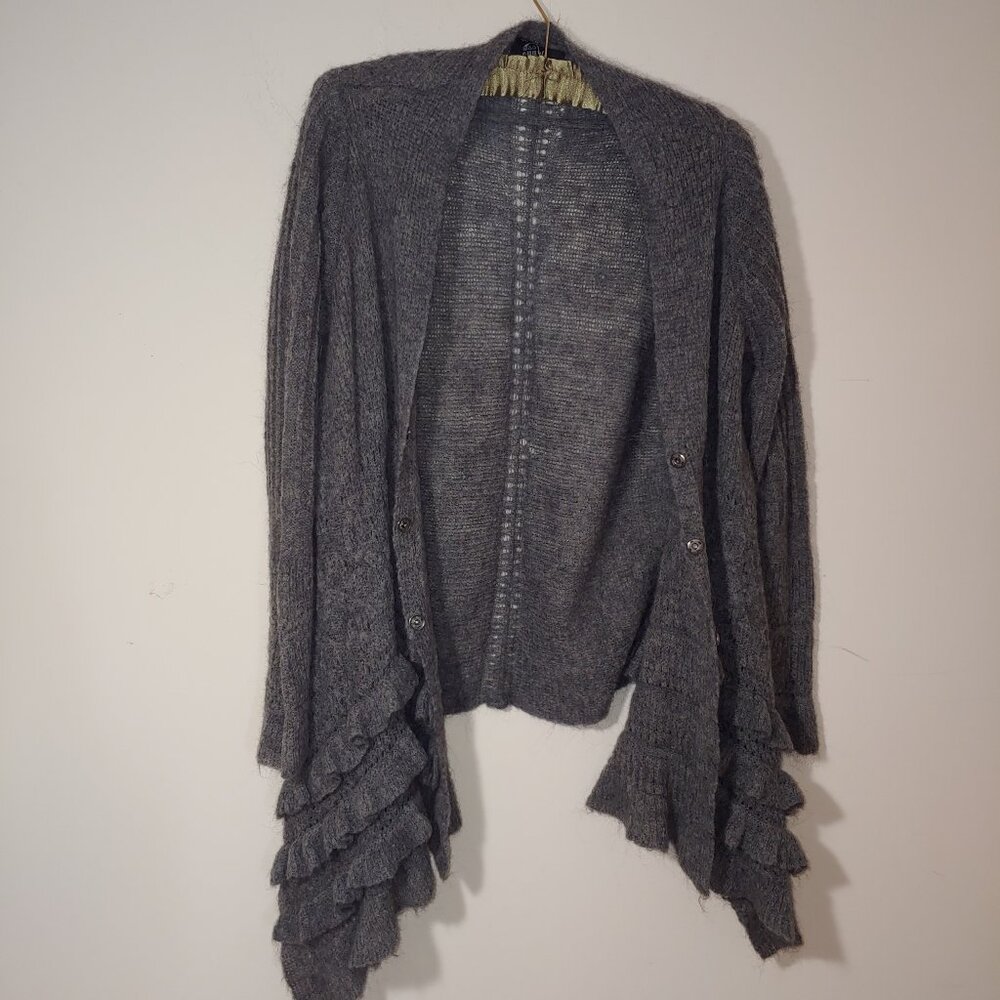 Kial Wool Blend Snap Buttons Ruffles Long Sleeves Knit Cardigan Sz L/XL Grey - Picture 3 of 5